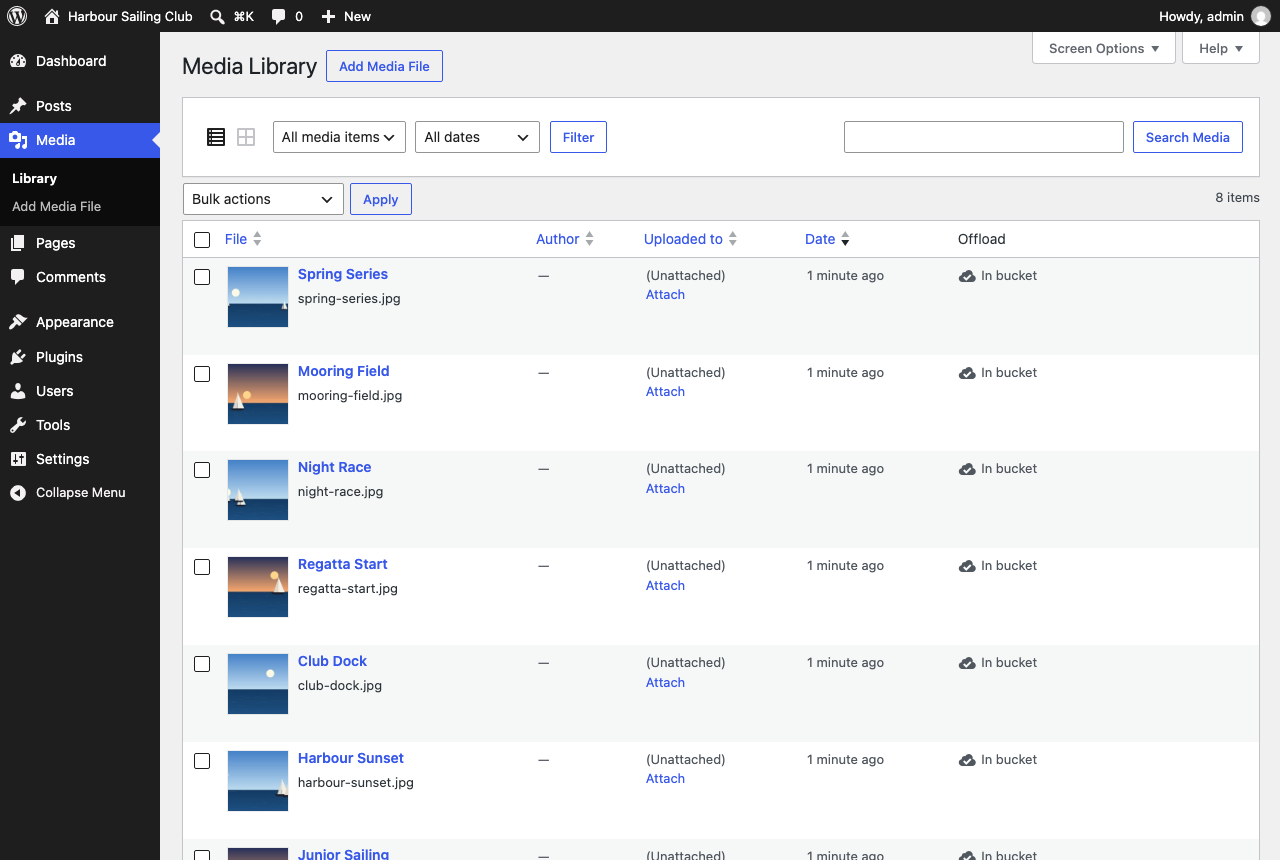Media Library list view with the Offload column.